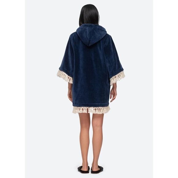NWT S.E.A. NY Nautical Coverup Navy Blue with Fringe Hooded Large - Picture 5 of 9